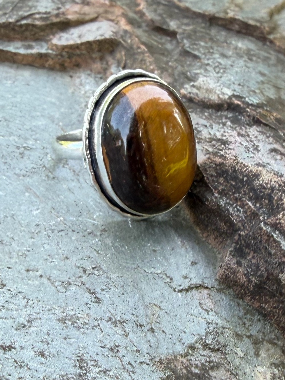 Genuine Tiger’s Eye Large Gemstone Silver Ring